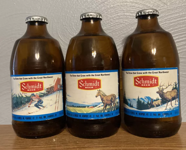 Schmidt Beer Vintage 3 Stubby Bottles Horse, Moose, Skier