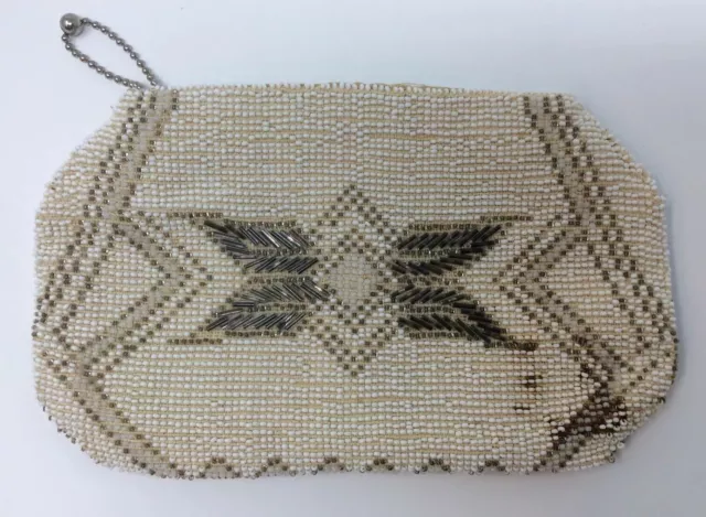 VINTAGE 1930's SMALL GLASS BEADED ZIPPER CLUTCH BAG W/ BELT LOOP- CZECHOSLOVAKIA