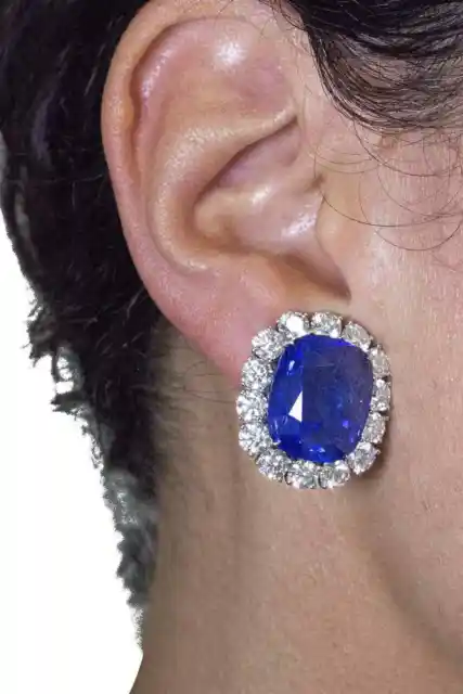 Dark Blue Cushion Shape 40.35CT Sapphire With Clear White CZ Halo Stud Earrings