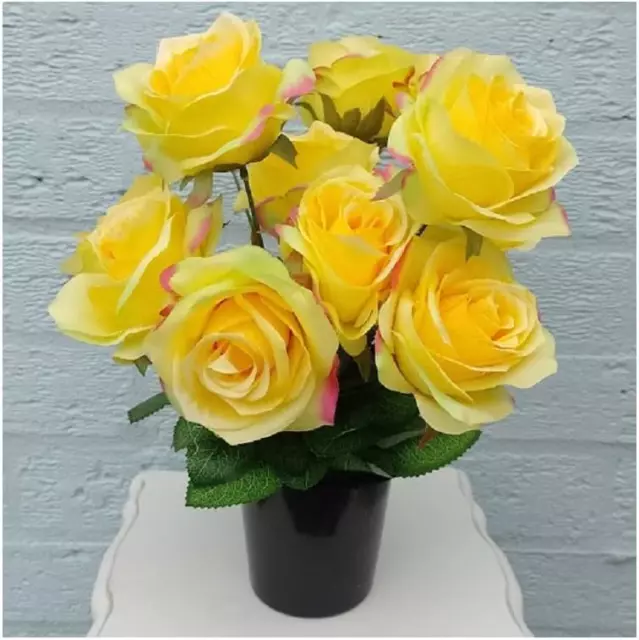 Grave Crem Pot Artificial Arrangement Yellow Roses for Graveside Cemetery Vase