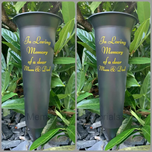 2 X Mum and Dad - Memorial Plastic Black Flower Vase Grave Crem Spike Vase Pot