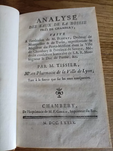 Analyse Des Eaux De La Boisse Près De Chambéry 1779 Par M. Tissier Eo