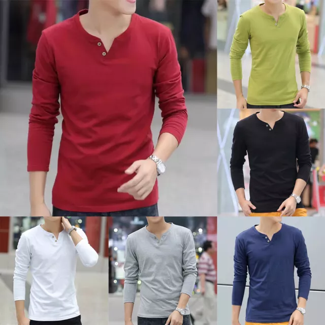 Camicie Henley Invecchiate Da Uomo T-Shirt Retrò A Maniche Lunghe Con Scollo ^