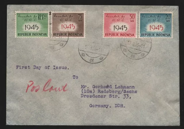 B13084 Indonesien 1959 249 - 252 FDC nach Radeberg Rückkehr Verfassung von 1945