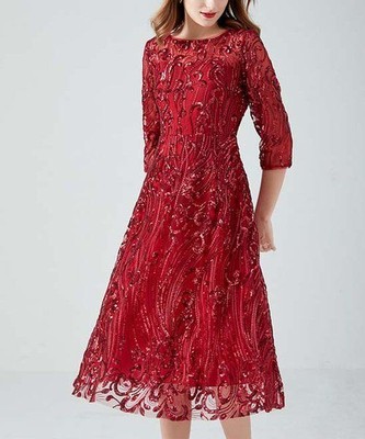 MSRP $187 Vicky And Lucas Red Sequin Half-Sleeve A-Line Dress Size Medium