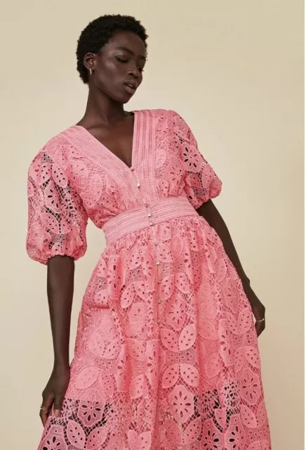 BNWT Oasis Bright Pink Crochet Lace Broderie Anglaise Midaxi Dress 12 £189