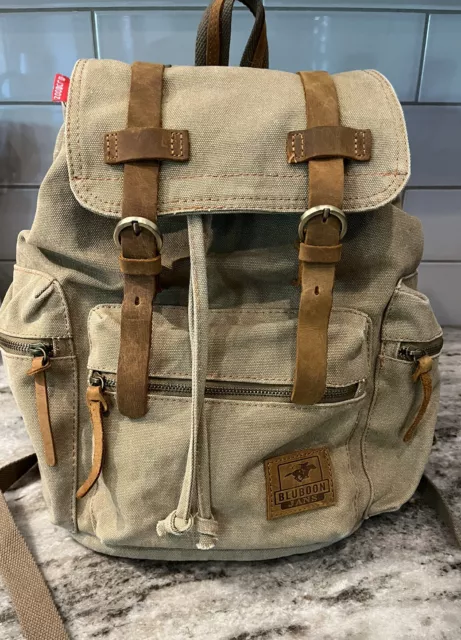 Bluboon Canvas Vintage-Look Backpack Leather Casual Bookbag Tan / Leather Trim