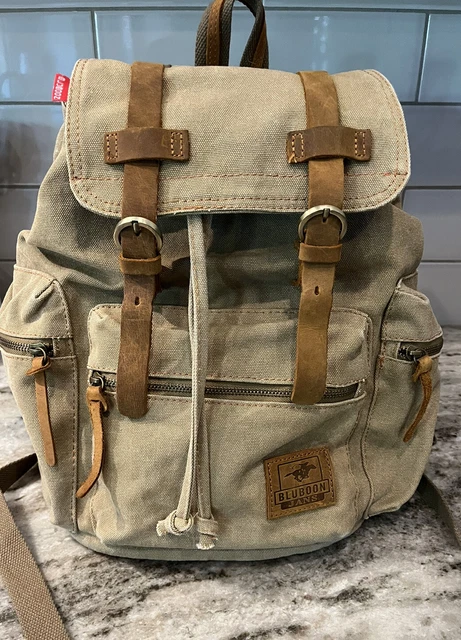 Bluboon Canvas Vintage-Look Backpack Leather Casual Bookbag Tan / Leather Trim Bluboon Canvas Vintage-Look Backpack Leather Casual Bookbag Tan / Leather Trim