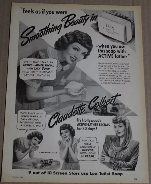 1942 Print Ad Claudette Colbert Paramount Movie Star Lux Toilet Soap Beauty WWII