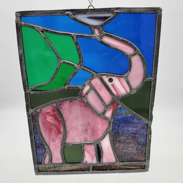 Vintage Stained Glass PINK ELEPHANT Handmade Window Hanging Sun Catcher 11" x 8"
