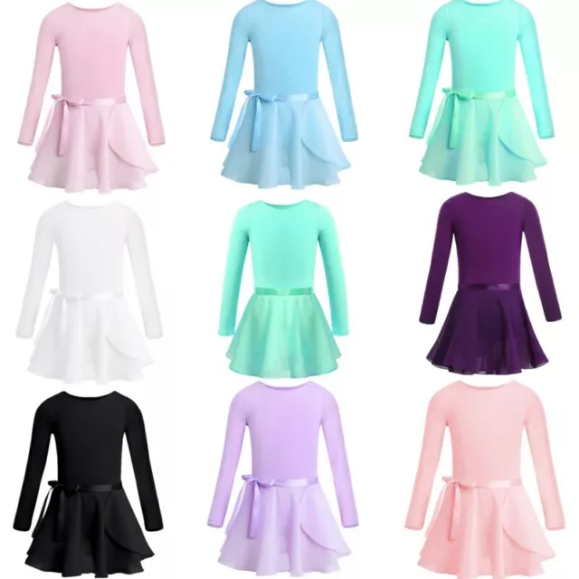 Girls Long Sleeve Ballet Dance Dress Gymnastics Leotard with Chiffon Wrap Skirts