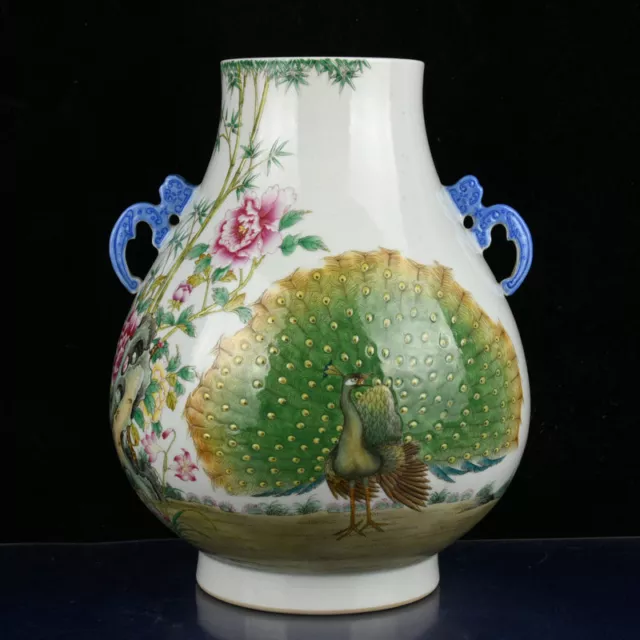 10.8" Antique dynasty Porcelain qianlong mark colour enamels peacock Flower vase