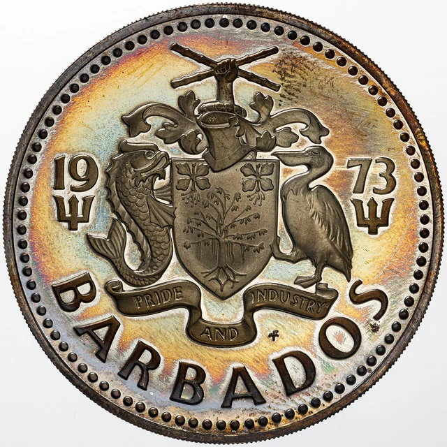 1973 Barbados Five Silver Dollars $5 Proof Natural Beautiful Color Tined Gem