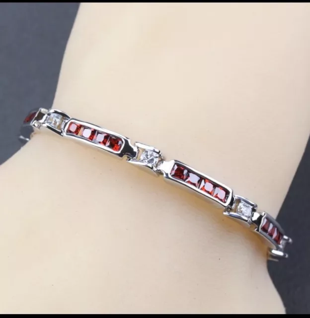 925 Sterling Silver Red Lab-Created Garnet  White Topaz Gemstone Bracelet