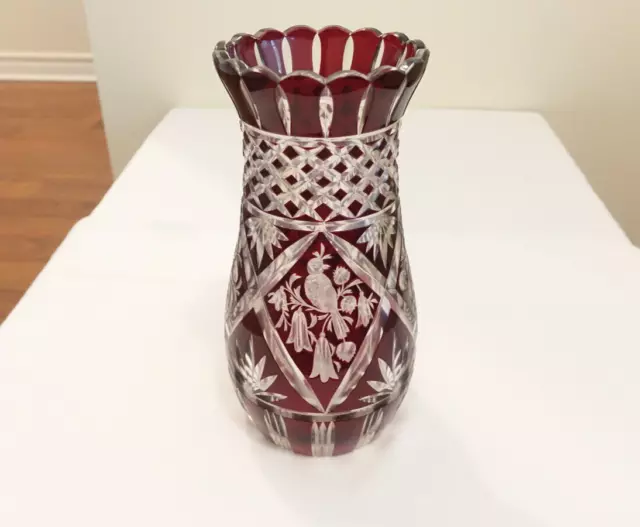 Antique Ruby Red Bohemian Cut to Clear Singing Bird Vase Hand Engraved