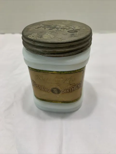 Antique Rawleighs White Milkglass Medicine Jar Paper Label Mustard Ointment 3.5”