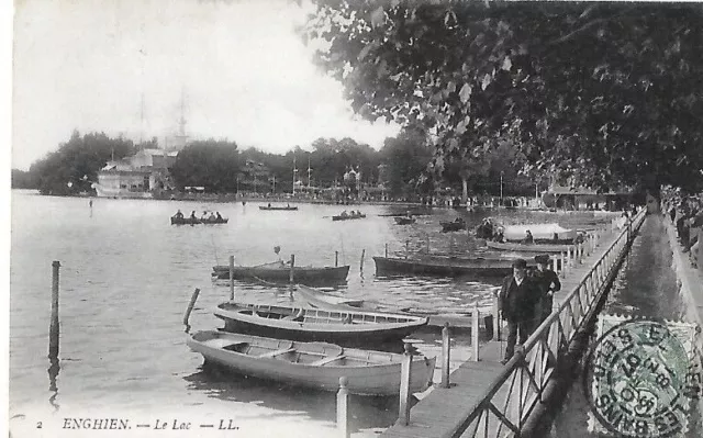 CPA carte postale ancienne ENGHIEN  le lac barques animée 1907