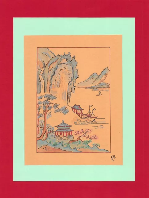 Dessin encre de chine & aquarelle Japon Hand made china ink signé Geneviève n9