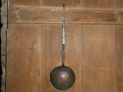 18th C OLD EARLY HAND FORGED WROUGHT IRON COPPER BOWL HEARTH COOKING STRAINER