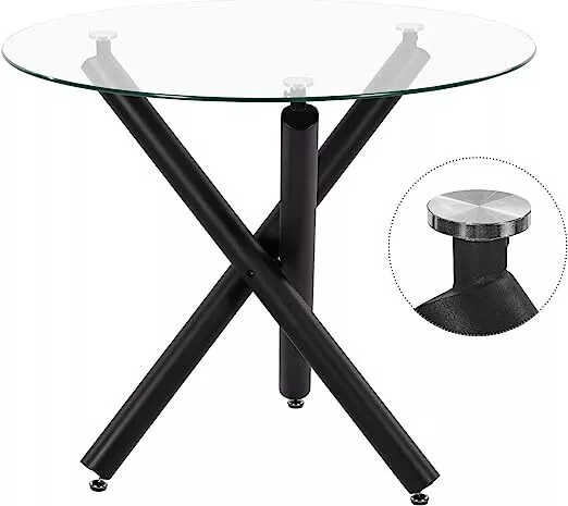 Round Clear Tempered Glass Dining Table Black Metal Legs Dining Room Only Table