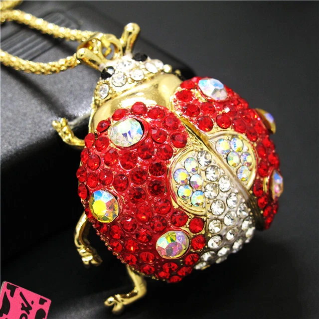 New Fashion Women Cute Rhinestone Ladybug Insect Crystal Pendant Chain Necklace