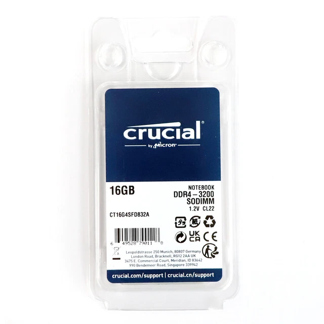Barrette RAM Crucial 16Go DDR4-2666V PC4-21300 SO-DIMM Pour Portable, Neuve