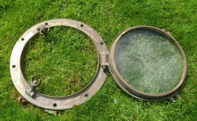 21 inch Ship boat barge Salvage Old Vintage Brass bronze Porthole Window  2 Dogs