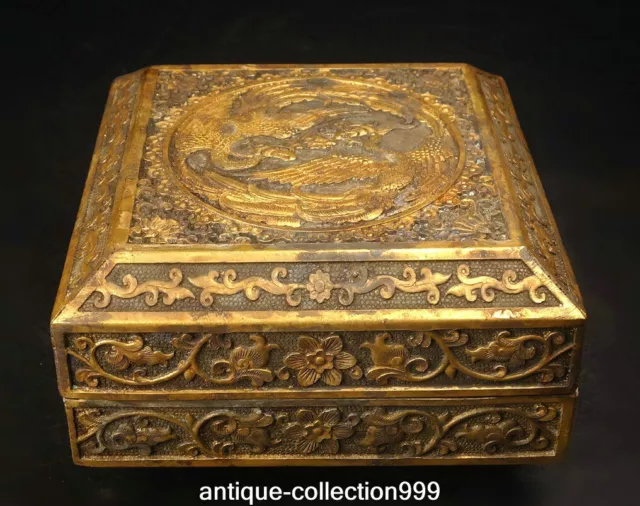 Old Qianlong Dynasty Palace Bronze 24K Gold Double Phoenix Bird Flower Food Box