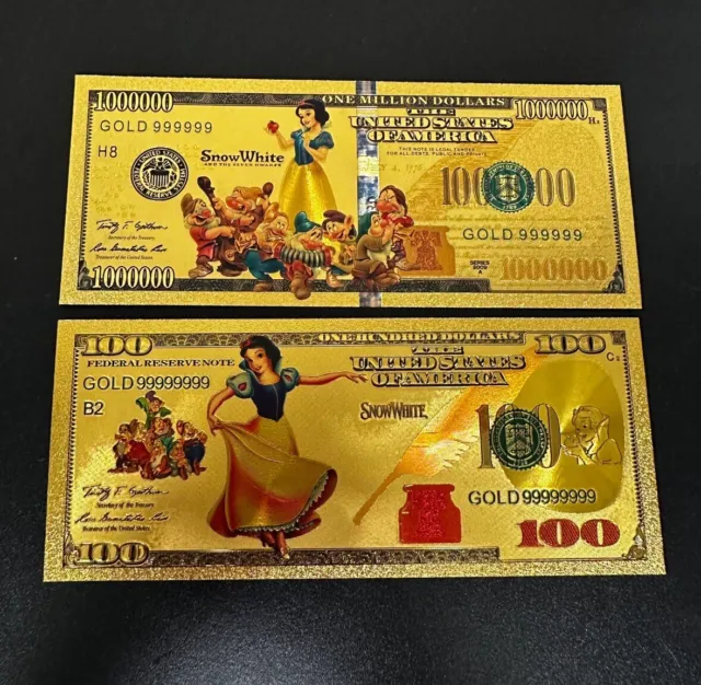 24k Gold Foil Plated Snow White Disney Princess Banknote Set Collectible