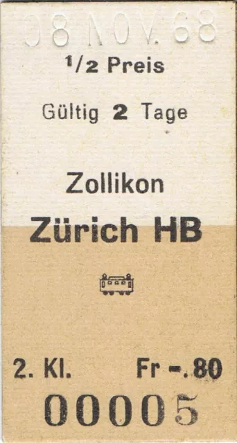 Railway ticket Switzerland Zollikon to Zurich half fare second class single 1968