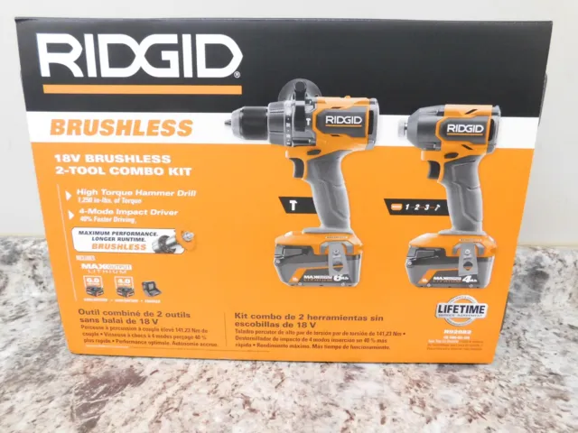 RIDGID 18V Brushless 2-Tool Combo Kit, Hammer Drill & Impact Driver - R92082