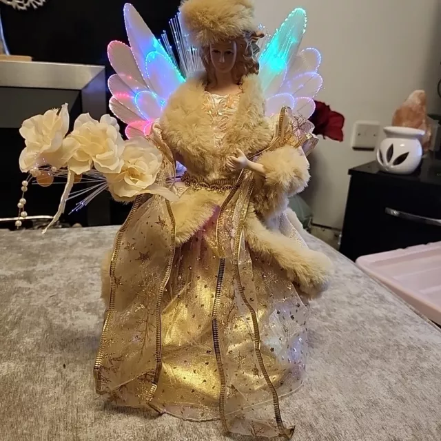 Vintage Angel Gold, Fibre Optic Tree Topper. Porcelain Angel. Quality Angel