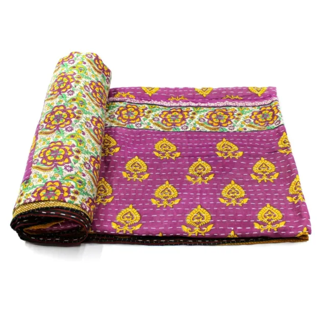 Colcha Kantha vintage, colcha de algodón hecha a mano india, manta bohemia,...
