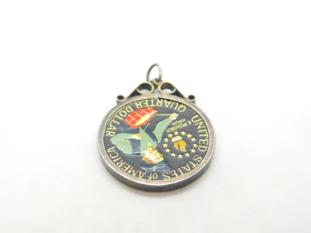 Sterling Silver Mounted Vitreous Enamelled USA Quarter Coin Vintage 1976