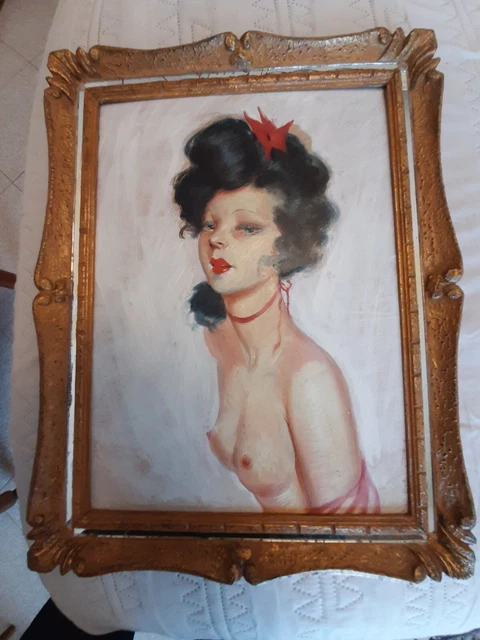 Stupendo Dipinto "Pin Up" Olio Su Masonite 1900