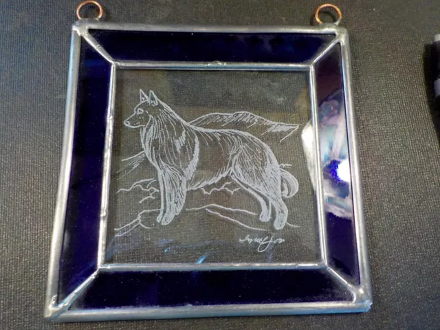 Belgian Tervuren hand engraved and signed glass panel with stained glass border