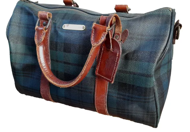 Rare Polo Ralph Lauren Green Plaid Boston Bag Leather PVC Duffle Bag FOR REPAIRS