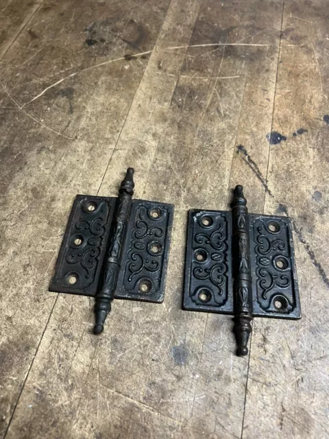 Old Ornate Fancy Antique Eastlake Cast Iron Door Hinges Hardware Pair Set Lot