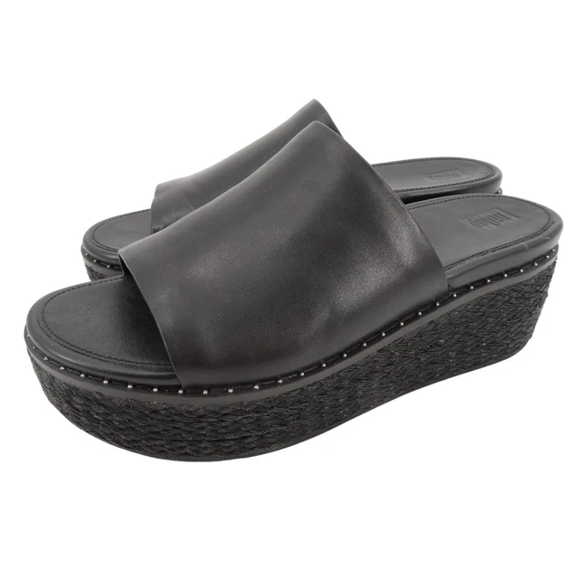 FitFlop Womens 9 US Eloise Black Leather Platform Wedge Slide Sandals New No Box