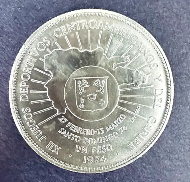1974 Dominican Republic Un Peso Silver Coin, BU, Caribbean Games