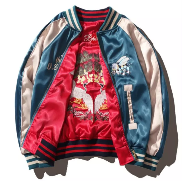 Mens Japanese Embroidery Animal Satin Reversible Baseball Bomber Jacket Coat New