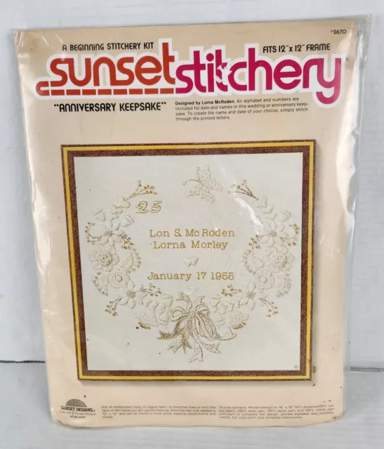 Sunset Stitchery 2670 Bordado Crewel Aniversario Kit de Guarda 12x12 De Colección 1979