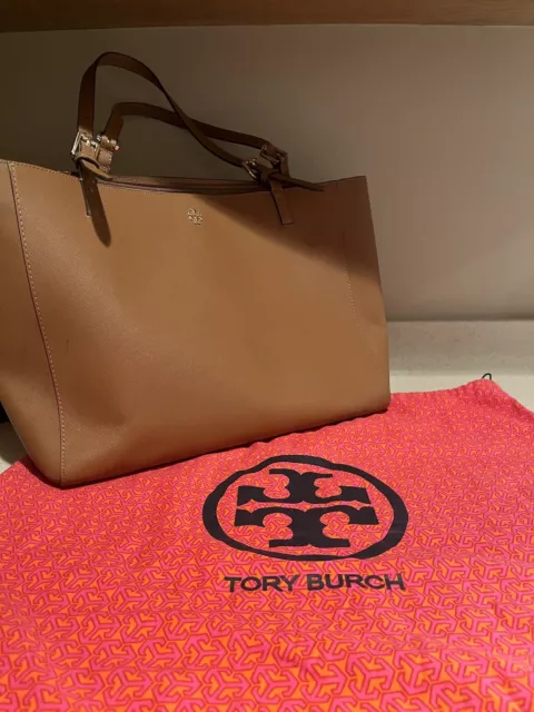 NEW Tory Burch tote bag brown tan leather gold tone hardware original NWT