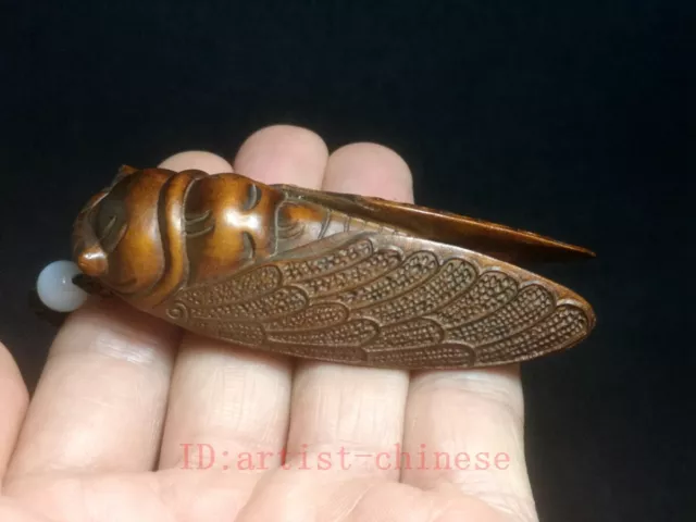 Japanese boxwood hand carved cicada Figure statue Netsuke gift old collectable 2