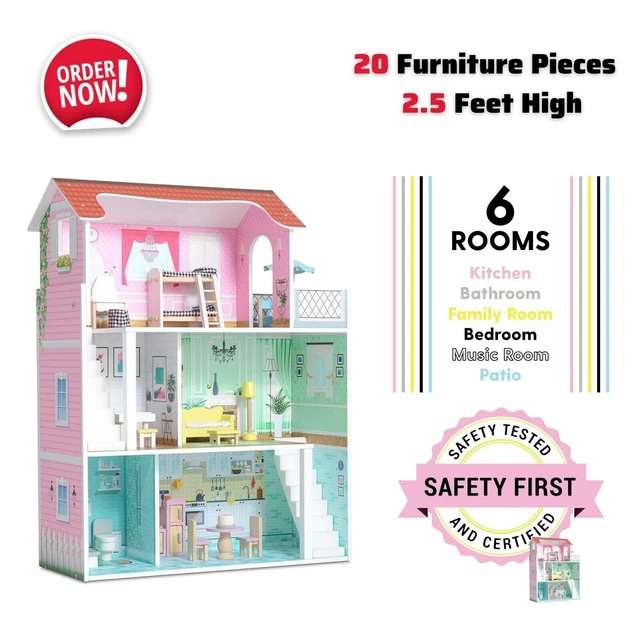 LARGE WOODEN KIDS Doll House Barbie Kit Girls Play Dollhouse Mansion
