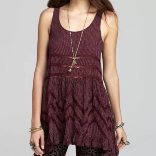 Free People Voile Trapeze Slip Blackberry Burgundy Polka Dot Slip Dress Tunic L