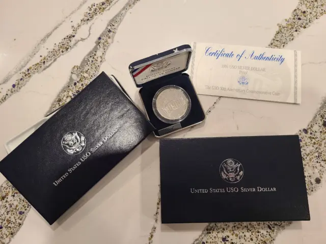 1991 S Proof USO Silver Dollar US Mint Commemorative $1 Coin with Box and COA