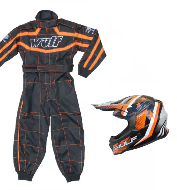 Kids Wulfsport Wulf MX Quad Motocross Overall And Helmet Orange Set #O2
