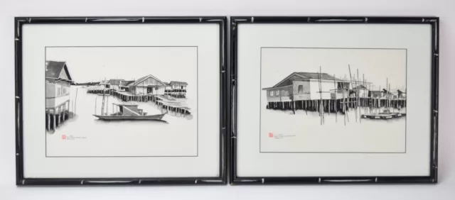 PAIR BLACK & White Watercolor Paintings Malaysian Fishing Village