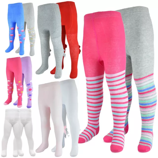 Infant Toddler Baby Girls Pack Of 2 Tights Cotton Rich Stretchy Soft Tights